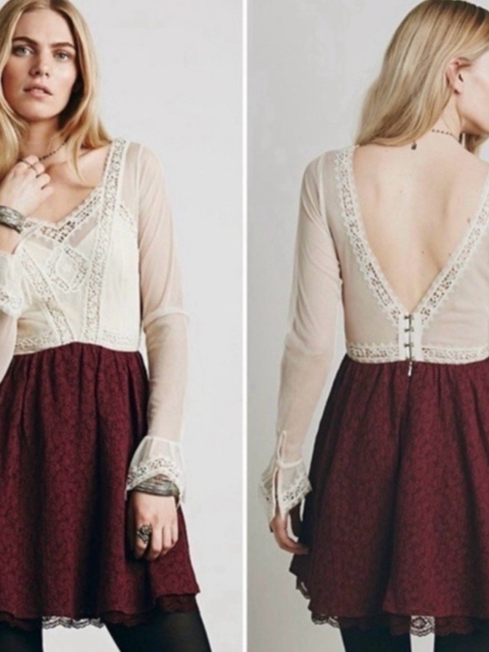 Free People Cream Lace Bodice with Burgundy Skirt Long Sleeve Dress